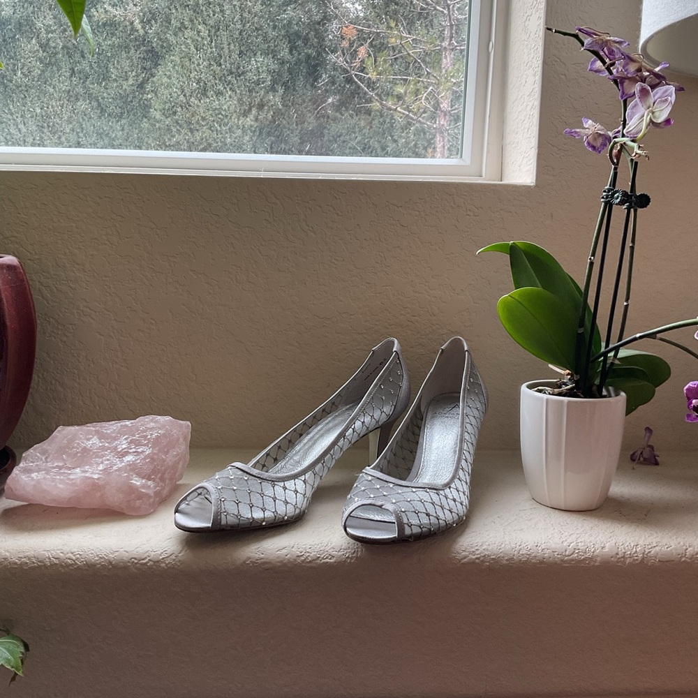 Adrianna Papell Elegant Silver Peep-Toe Heels